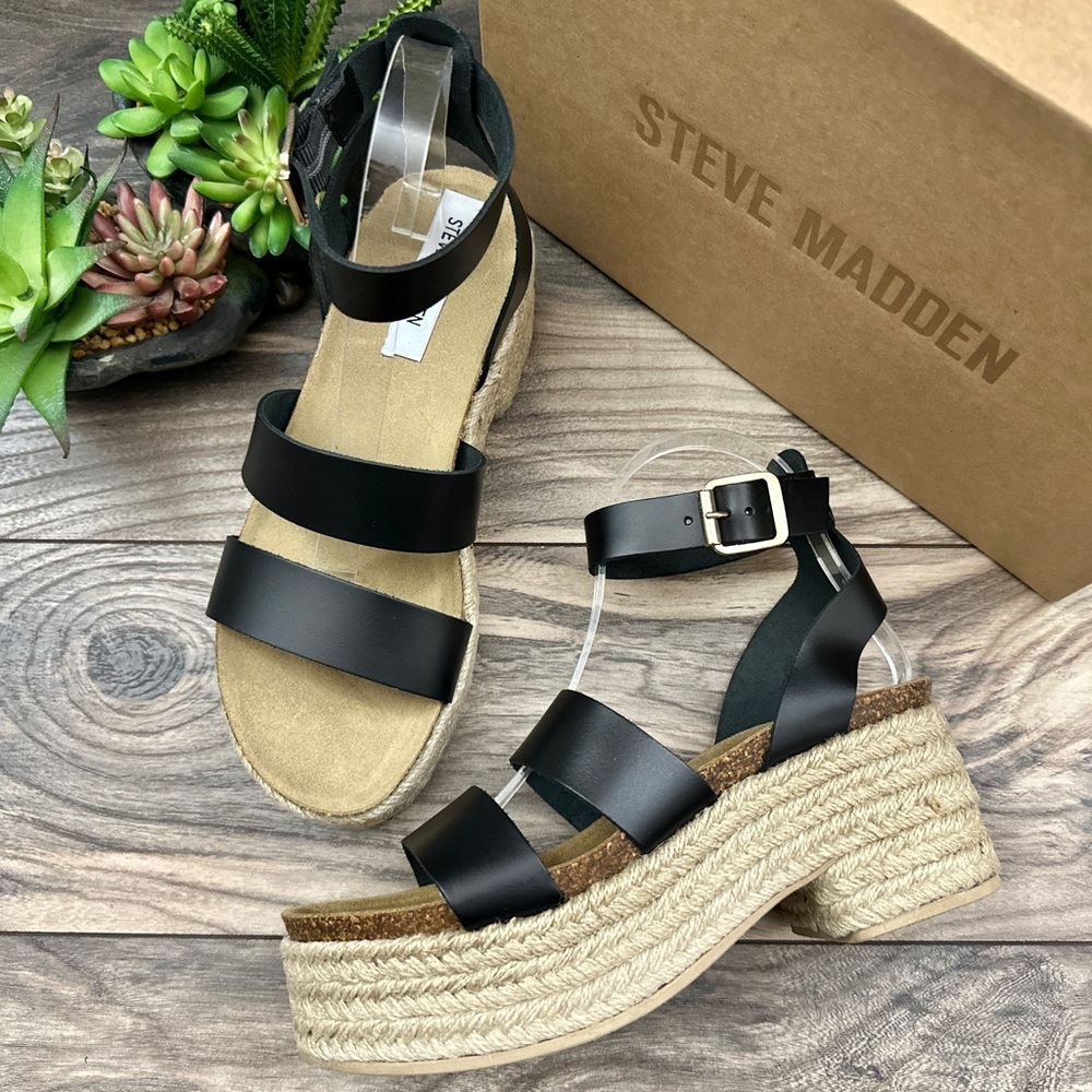 NIB Steve Madden Kelton Espadrille Platform Ankle Strap Sandal Black Leather 8